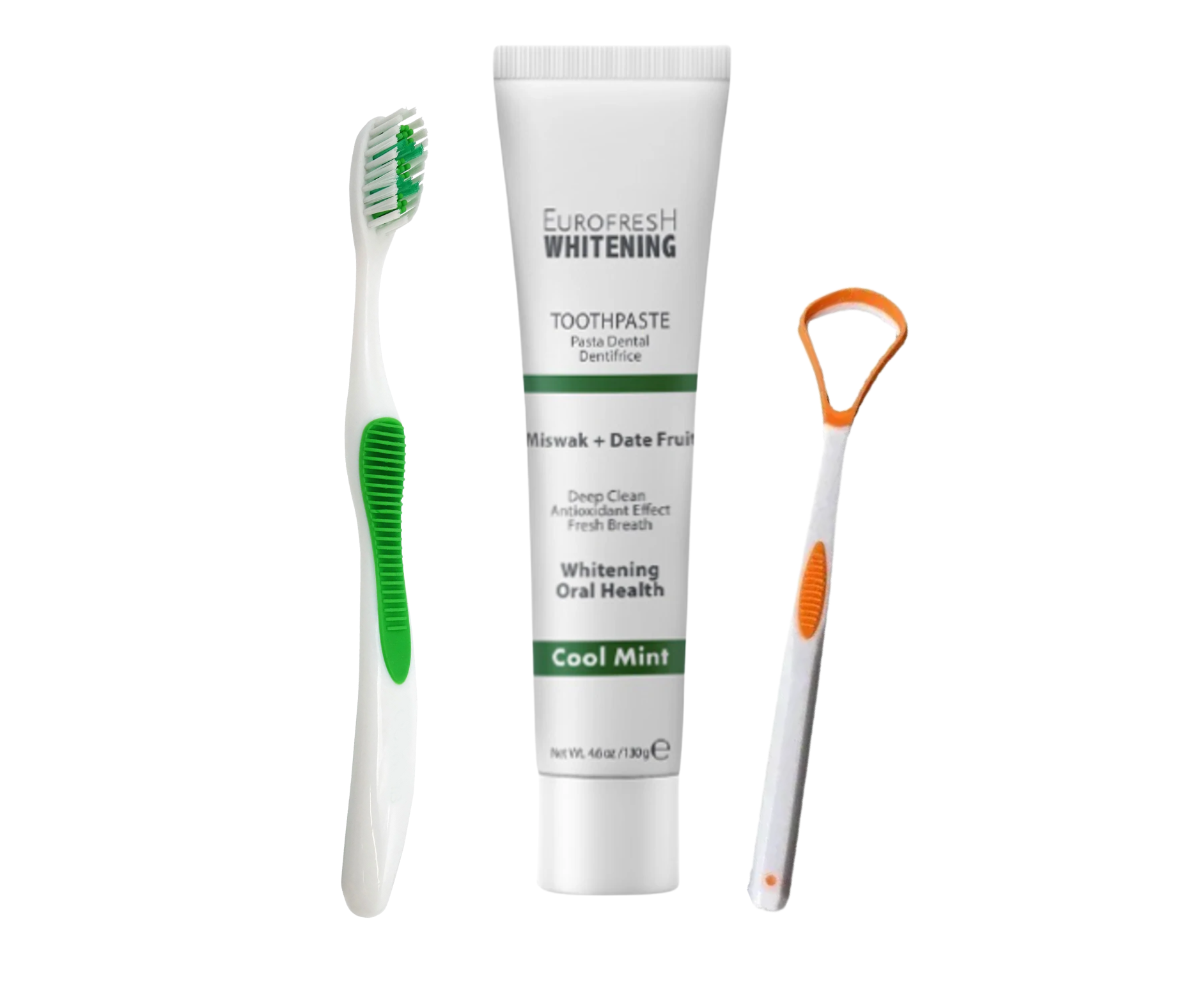 eurofresh whitening miswak and date fruit toothpaste and toothbrush and tongue scraper on a white background