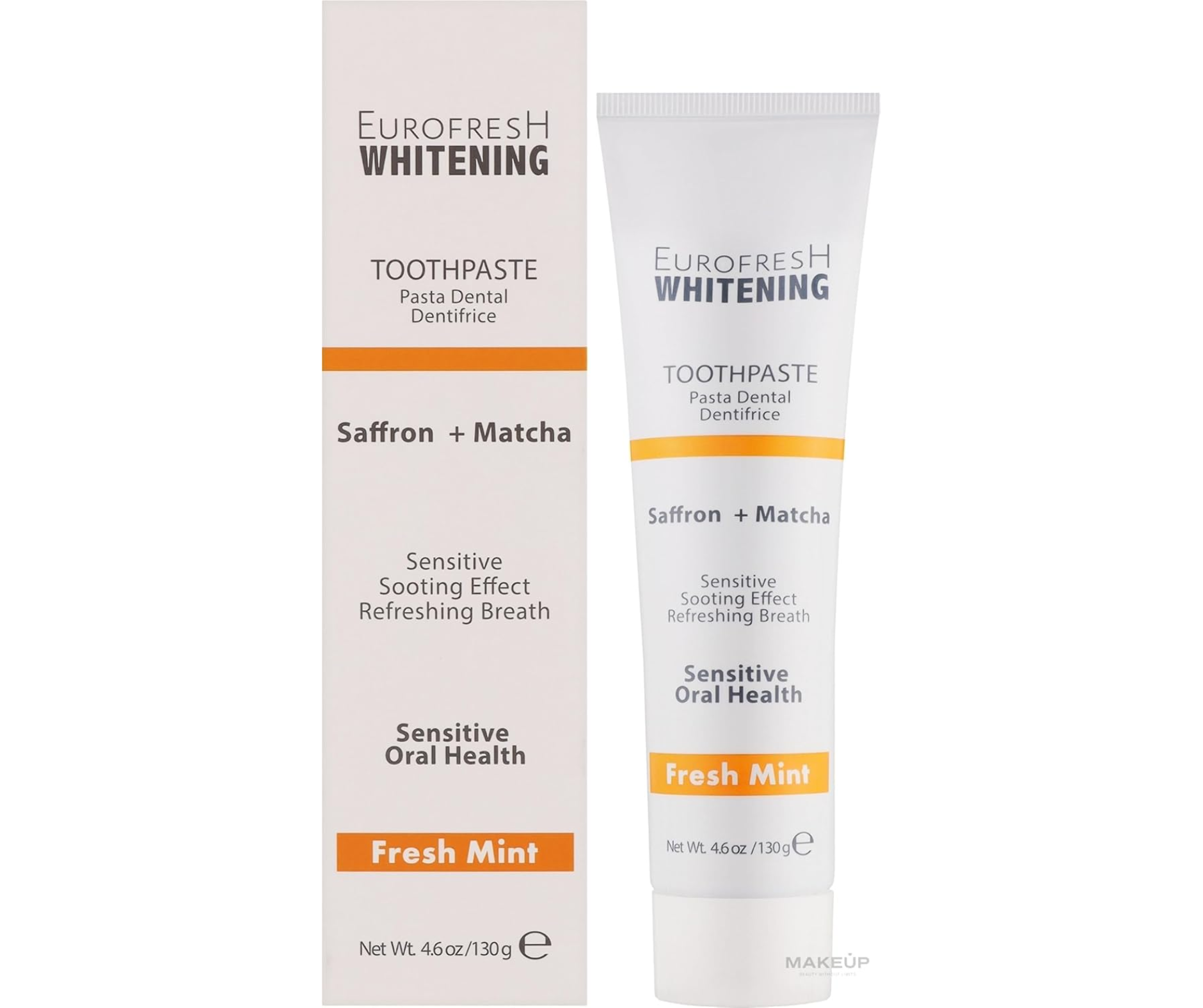 Eurofresh Whitening toothpaste packaging with saffron and matcha ingredients on a white background