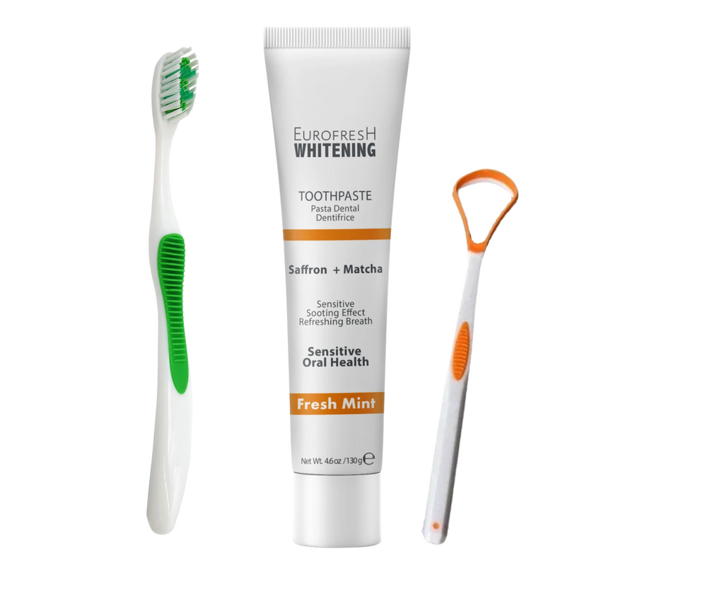 Toothpaste tube labeled 'Eurofresh Whitening Saffron & Matcha' with a green toothbrushe and orange tongue scraper on a white background