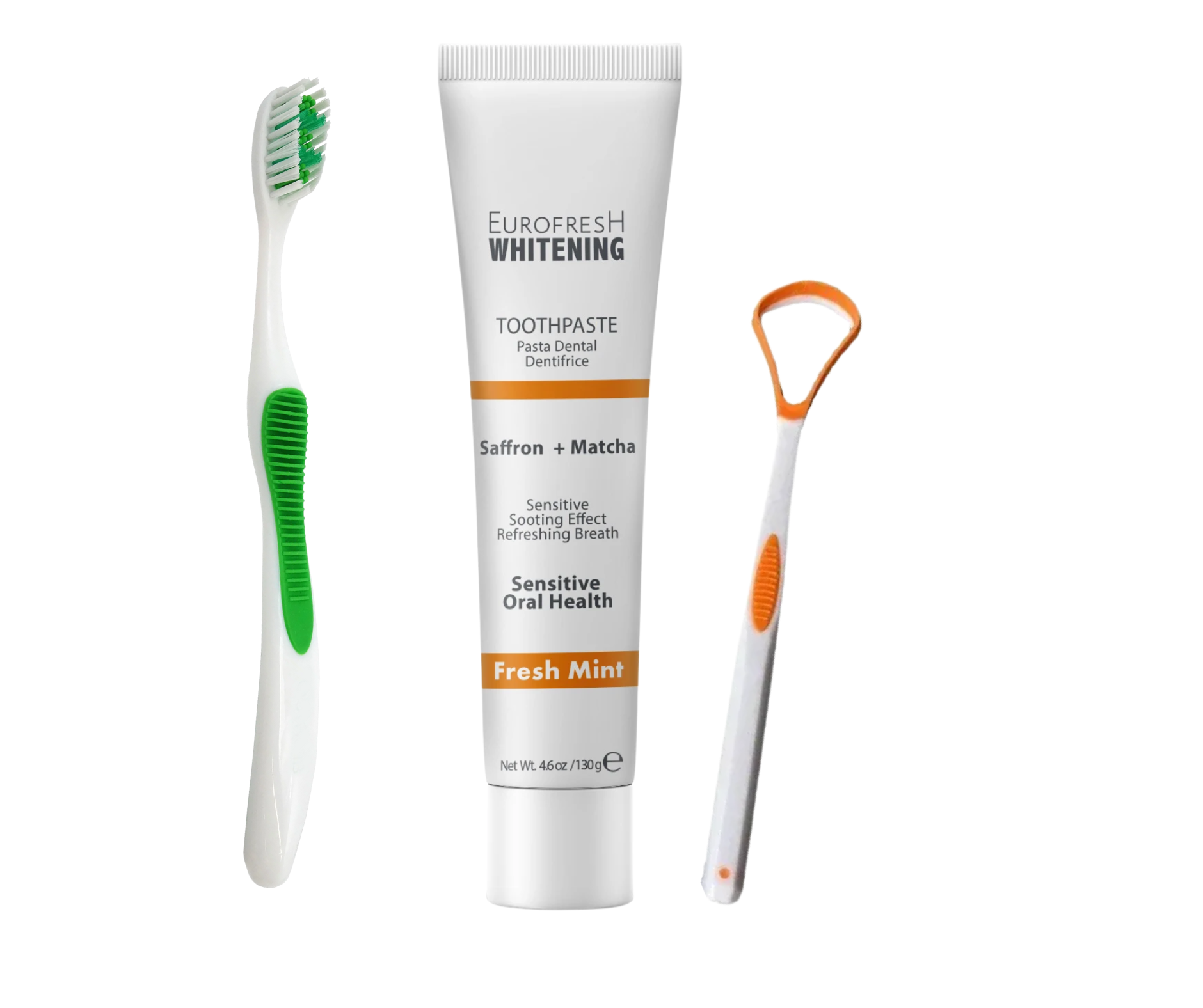 Toothpaste tube labeled 'Eurofresh Whitening Saffron & Matcha' with a green toothbrushe and orange tongue scraper on a white background