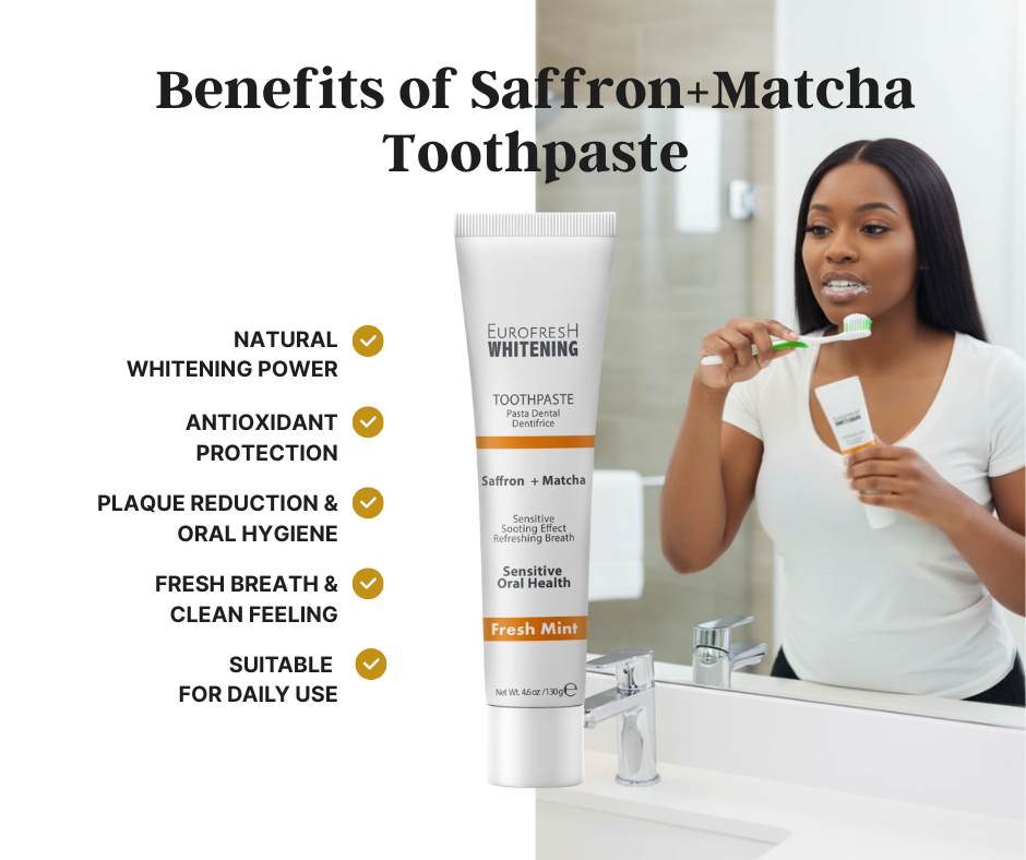 A woman brushing her teeth with a tube of Eurofresh Whitening Saffron Matcha toothpaste.