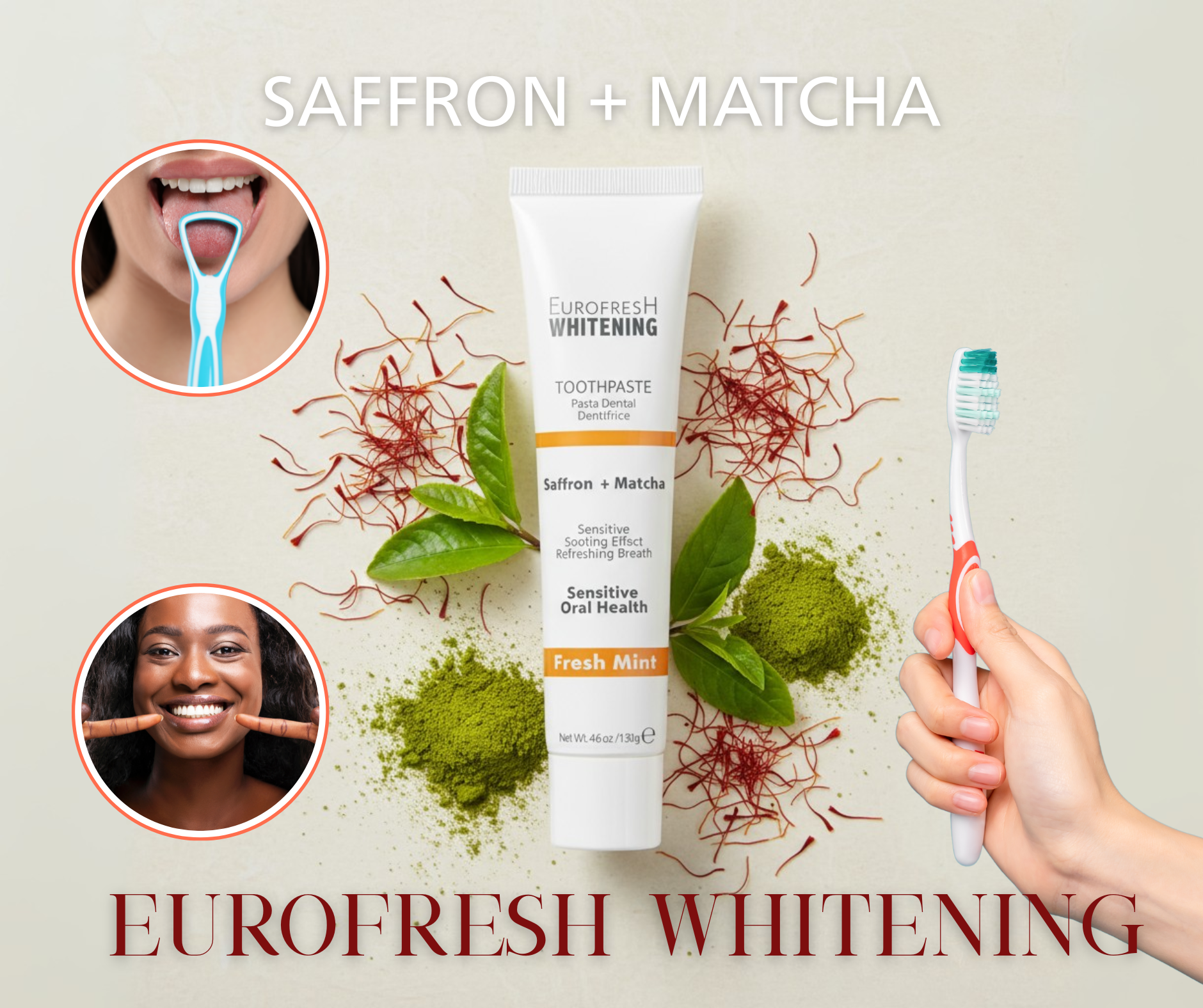 Eurofresh Whitening saffron and matcha toothpaste, toothbrush, and images of a person using the product.
