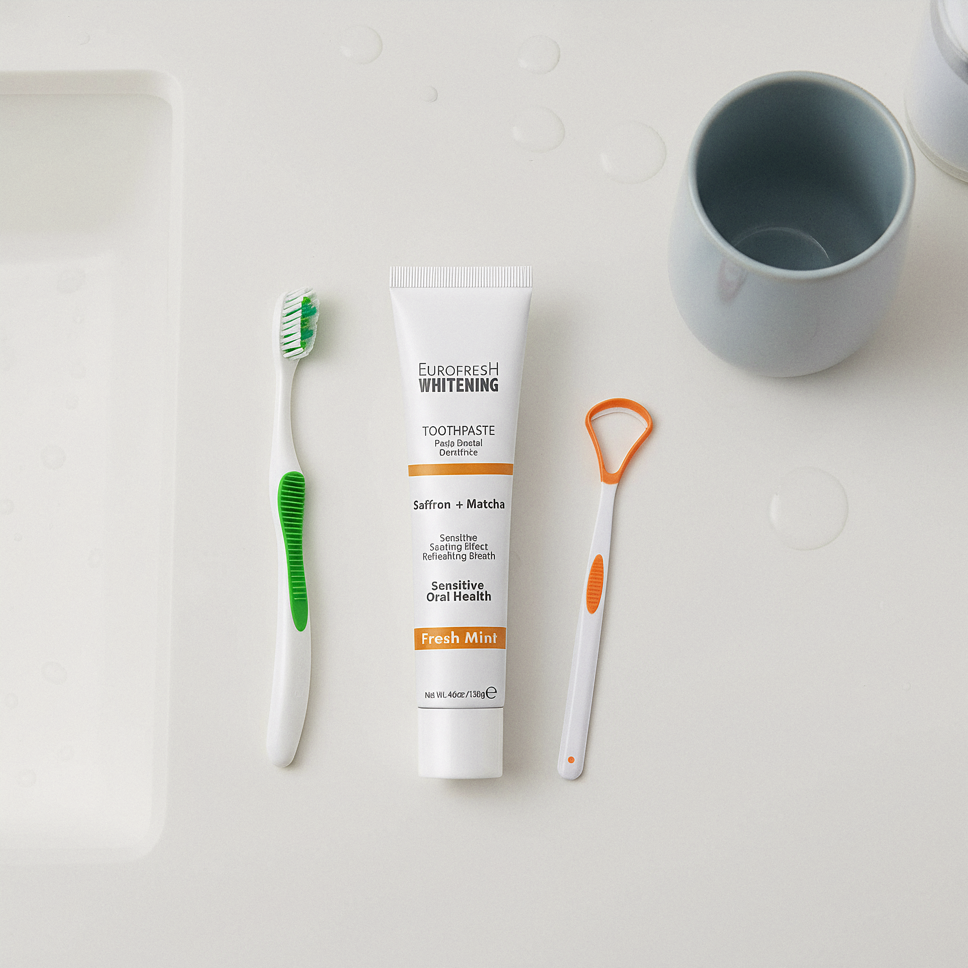 eurofresh whitening saffron and matcha toothpaste, toothbrush and tongue scraper flat lay on bathroom counter