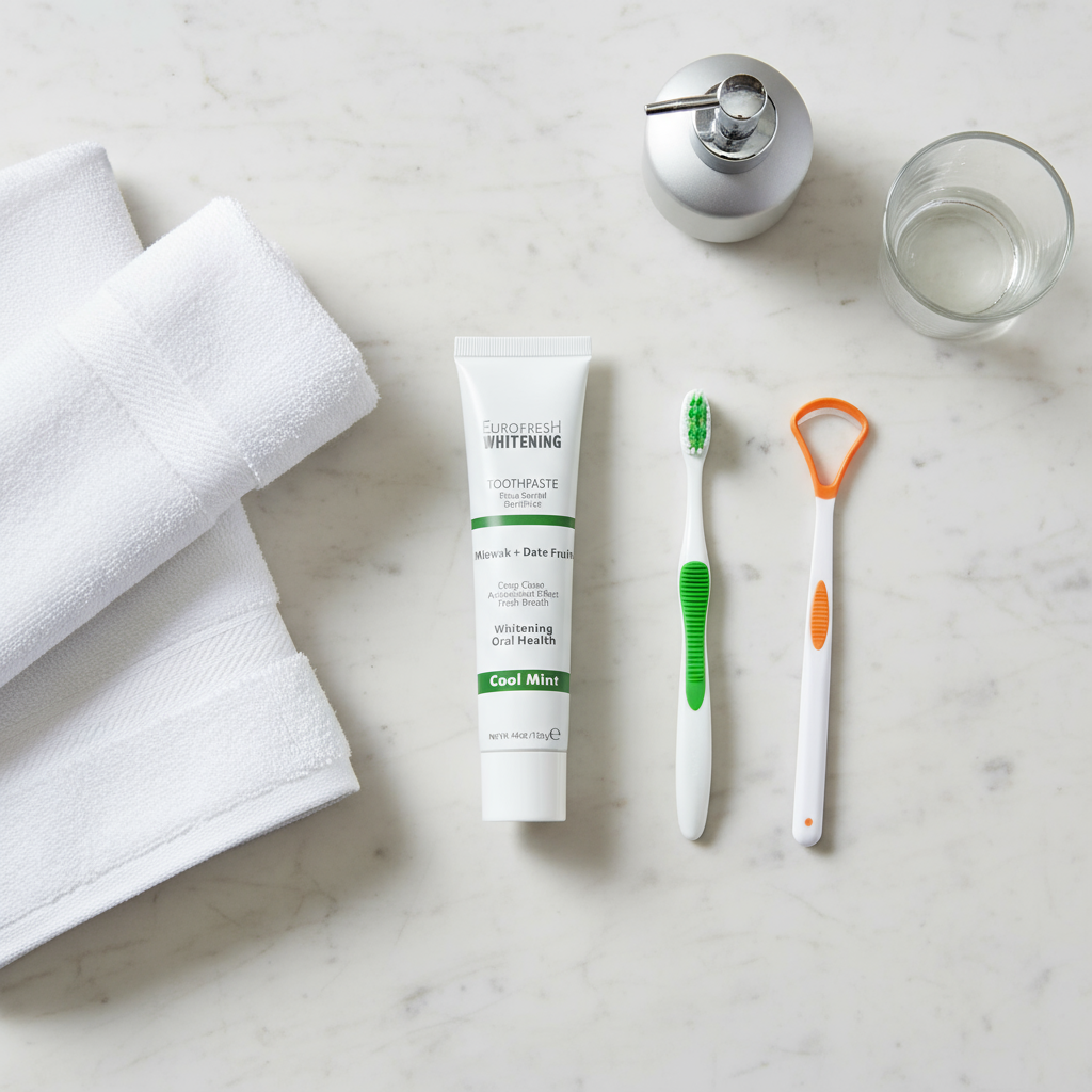 eurofresh whitening miswak and date fruit toothpaste with toothbrush and tongue scraper flatlayed on a bathroom counter