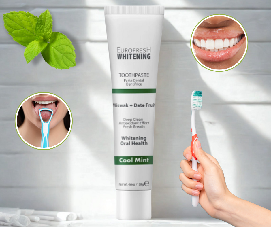 eurofresh whitening miswak and date fruit toothpaste set with toothbrush and tongue scraper in a studio shot